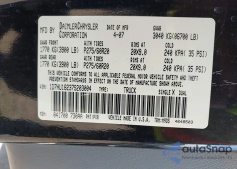 2007 Dodge Ram 1500 Slt/Trx4 Off Road/Sport из США, поврежденный, VIN 1D7HU18237S203004